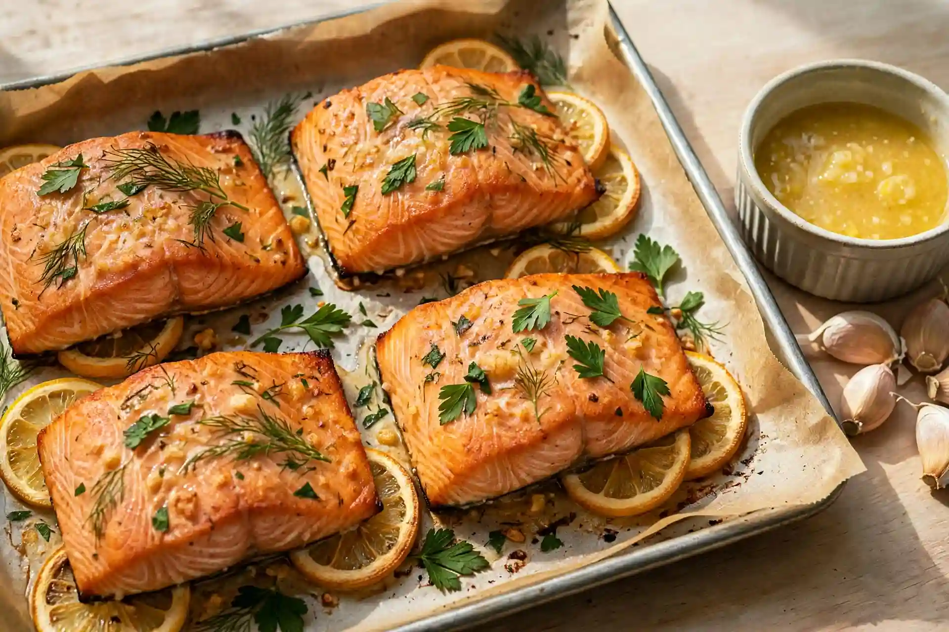 Baked salmon fillets glazed with lemon garlic butter, topped with fresh herbs and lemon slices on a sheet pan