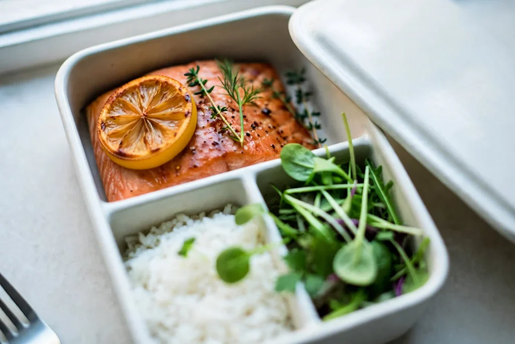 Leftover baked salmon fillet stored in a glass meal prep container with lemon slices and fresh herbs