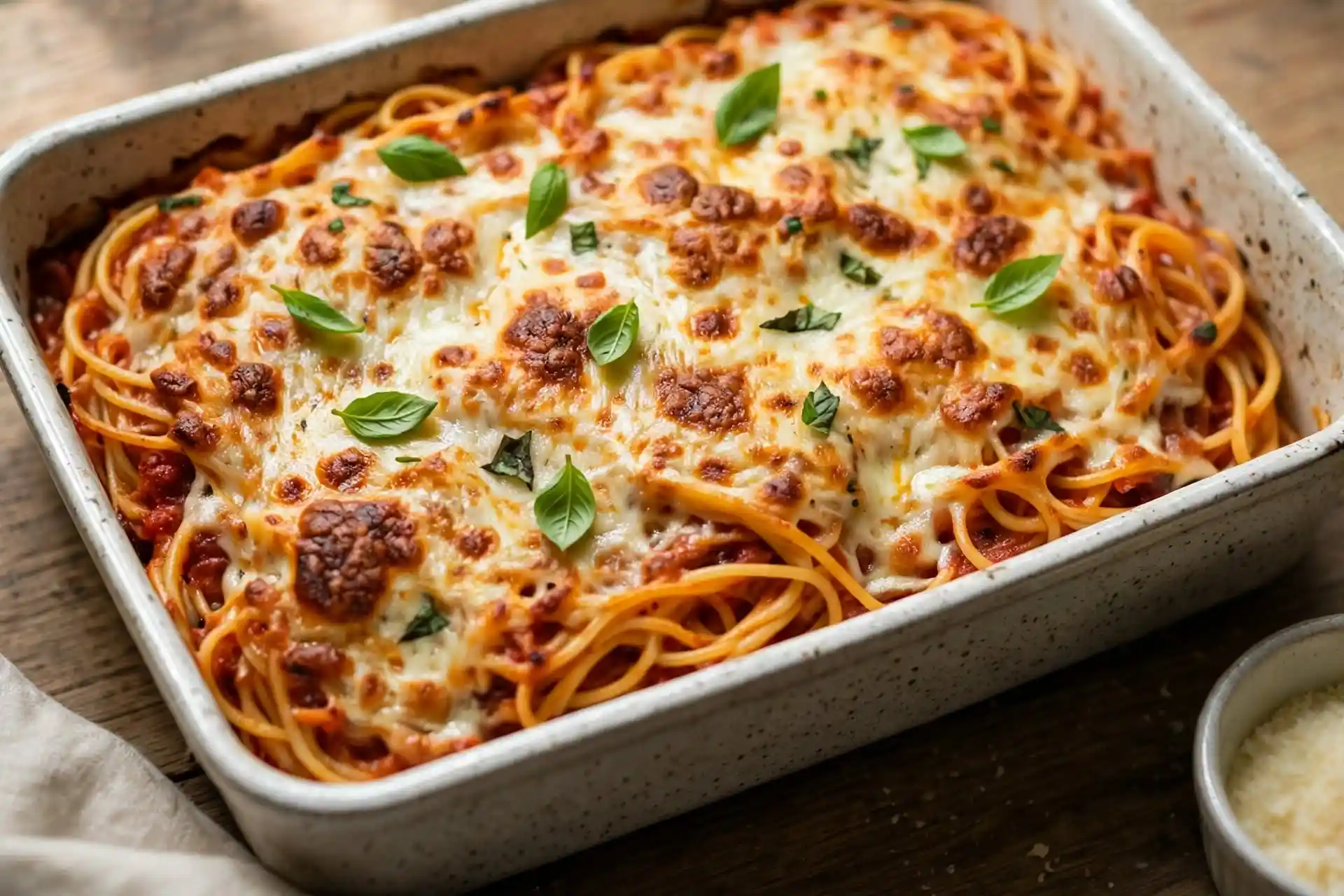 Baked spaghetti with meat sauce and melted mozzarella and Parmesan in a casserole dish