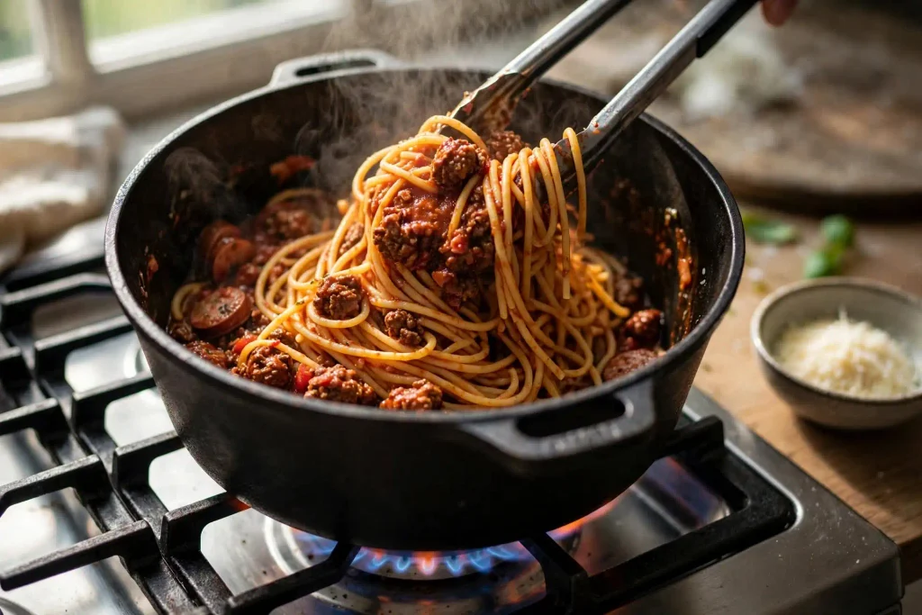 Cooked spaghetti noodles tossed with rich meat sauce in a large pot before layering into the baking dish