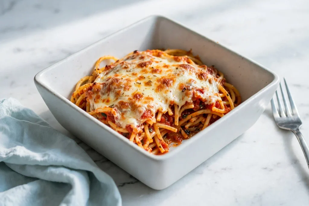 Leftover baked spaghetti portioned into a glass meal prep container with melted mozzarella visible