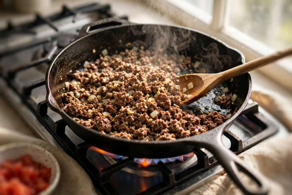 Baked Ziti With Ground Beef 3 Ground beef browning with diced onion and garlic in a skillet for baked ziti sauce