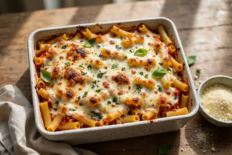 Baked Ziti With Ground Beef 3 Baked ziti with ground beef and melted mozzarella and Parmesan in a casserole dish, fresh basil on top