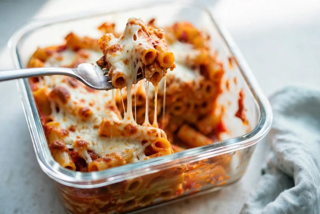 Baked Ziti With Ground Beef 4 Leftover baked ziti with ground beef portioned into a glass meal prep container