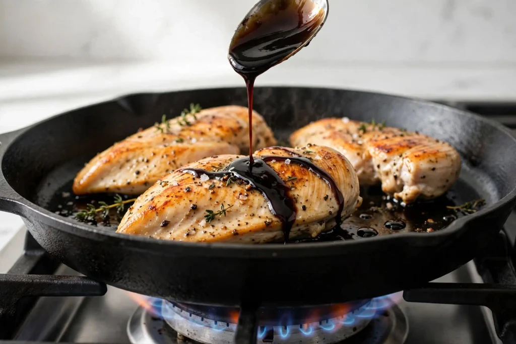 Balsamic Chicken 3 spooning thickened balsamic glaze over seared chicken in a skillet