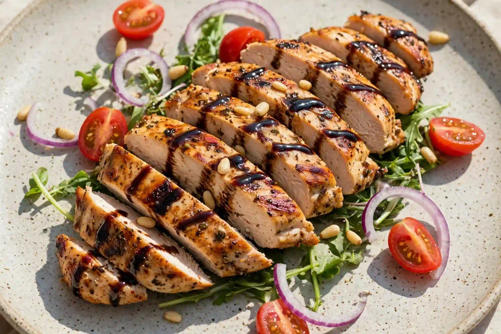 Balsamic Chicken 4 balsamic chicken served over greens with glaze drizzled on top