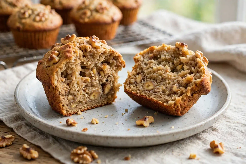 Banana Nut Muffins 4 banana nut muffin split in half showing moist interior and toasted walnuts