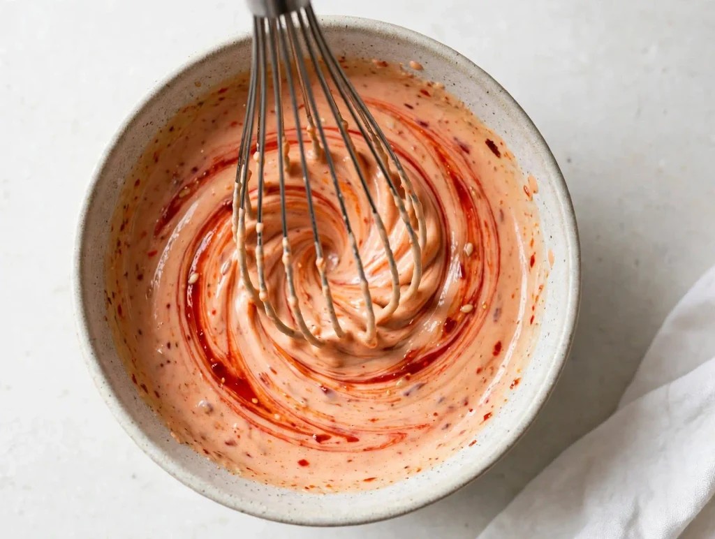Bang Bang Sauce 3 whisking sriracha into bang bang sauce in a small bowl