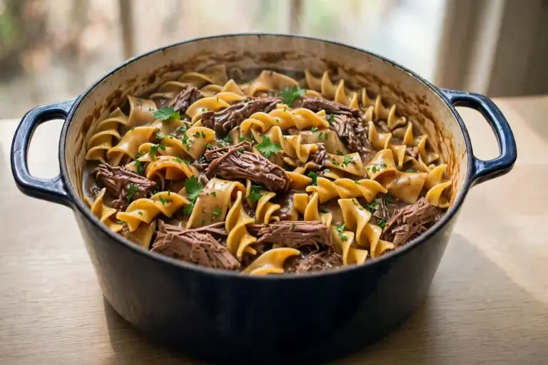 Beef and Noodles 4 Shredded beef and egg noodles in rich brown gravy in a Dutch oven, topped with fresh parsley