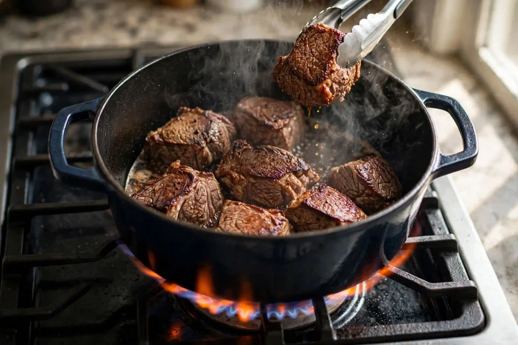 Beef and Noodles 3 Chunks of chuck roast searing in a Dutch oven, developing a deep brown crust