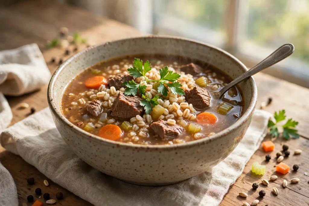 Beef Barley Soup 4 bowl of beef barley soup garnished with fresh parsley, ready to serve