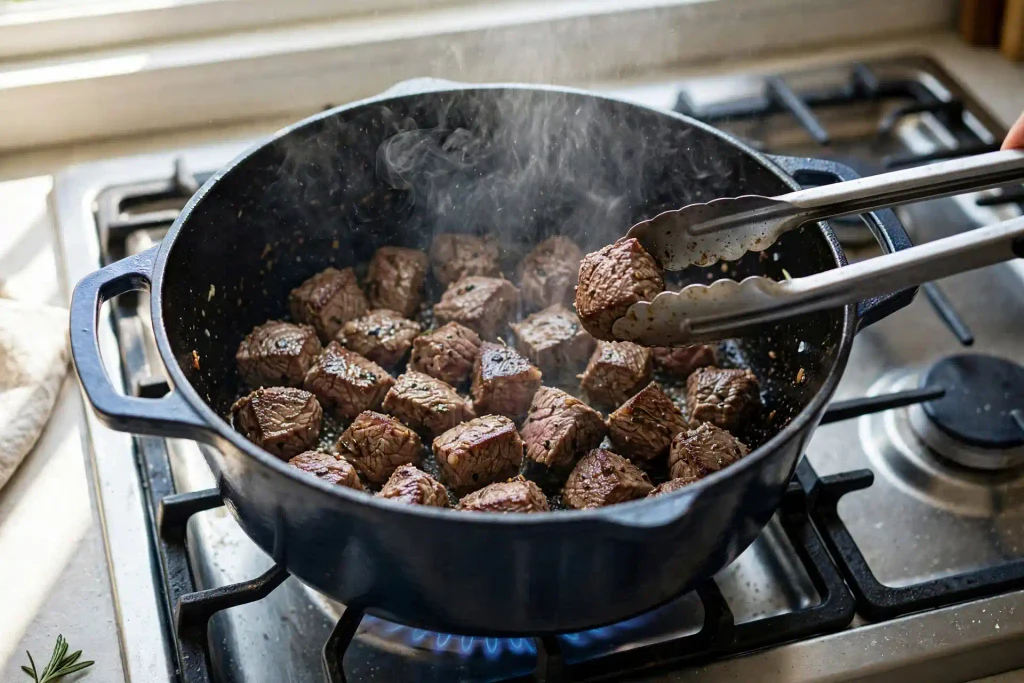 Beef Barley Soup 3 beef chunks searing in a Dutch oven with browned crust forming
