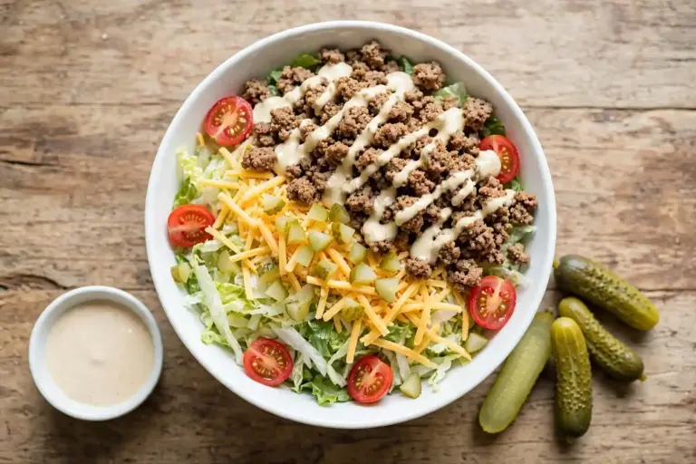 Big Mac Salad 1 Big Mac salad in a large bowl with seasoned ground beef, shredded lettuce, cheddar, pickles, and special sauce drizzle