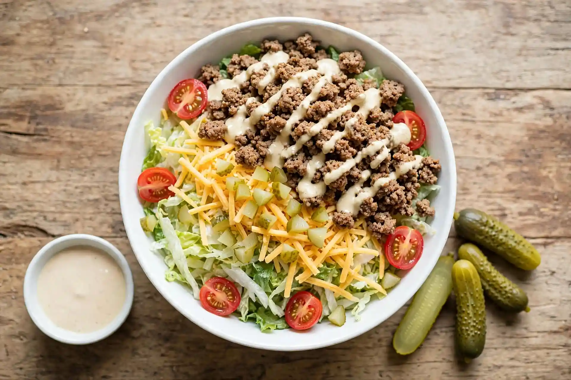 Big Mac salad in a large bowl with seasoned ground beef, shredded lettuce, cheddar, pickles, and special sauce drizzle