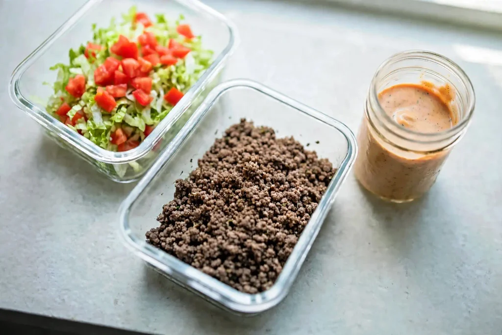 Big Mac salad components, seasoned beef, shredded lettuce, and special sauce, stored separately in glass meal prep containers