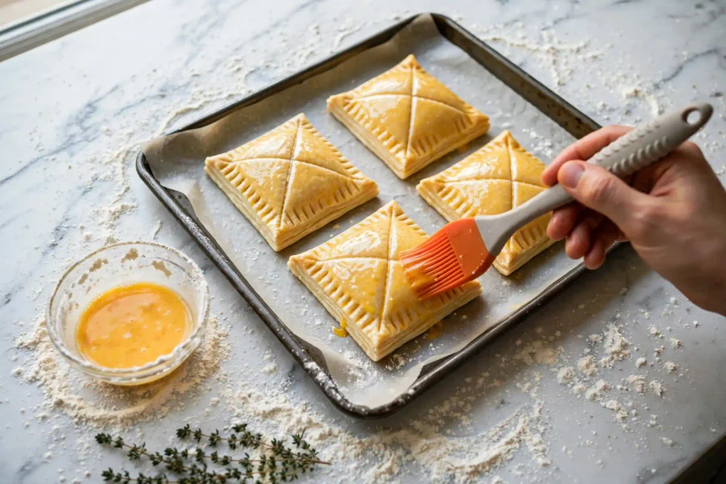 Egg wash brushed over scored puff pastry squares on a baking sheet before baking for chicken pot pie soup lids.