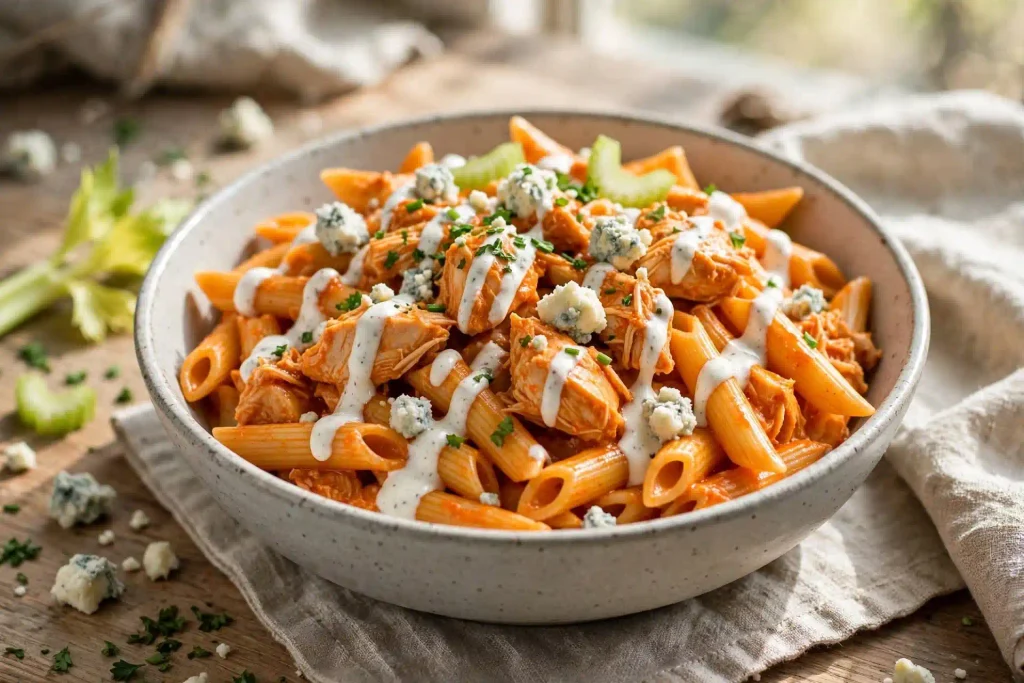 bowl of buffalo chicken pasta topped with blue cheese crumbles and ranch drizzle