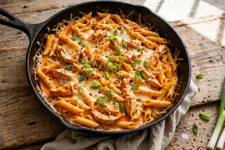 Buffalo Chicken Pasta 1 buffalo chicken pasta with melted cheese and green onion in a skillet, overhead shot