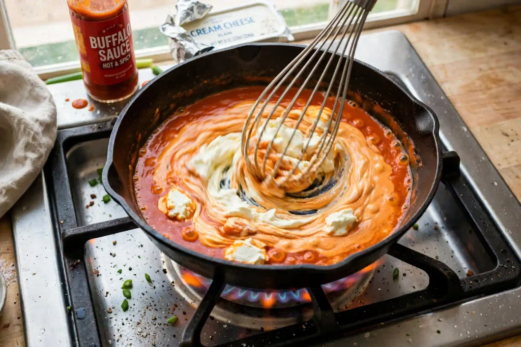 whisking cream cheese into buffalo sauce while making buffalo chicken pasta