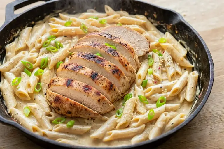 Cajun Chicken Pasta 8 Creamy cajun chicken pasta in a skillet with sliced chicken and green onion garnish