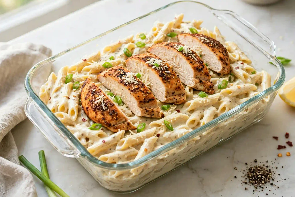 Cajun Chicken Pasta 4 Cajun chicken pasta portioned into a glass container with sliced chicken on top
