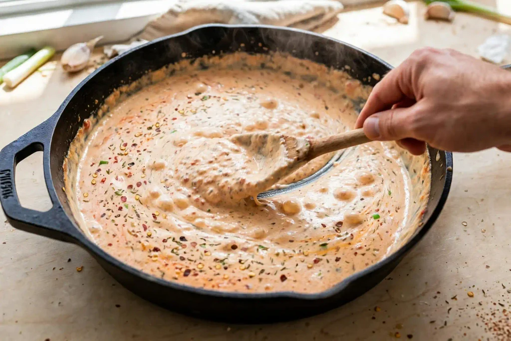 Cajun Chicken Pasta 3 cajun-cream-sauce-reducing-skillet