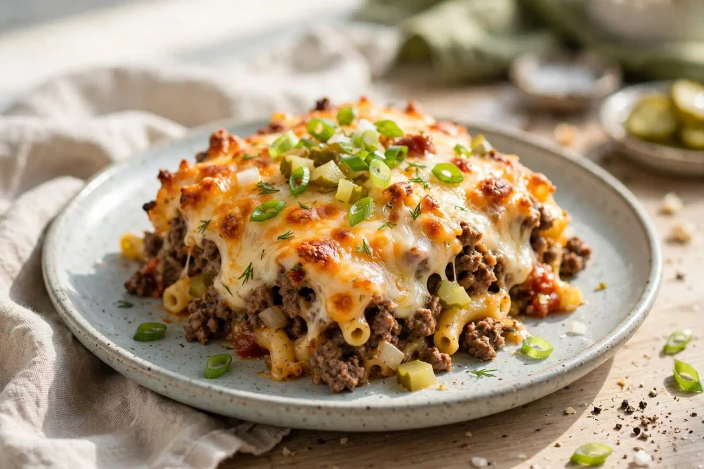 Cheeseburger Casserole 4 plated serving of cheeseburger casserole with melted cheese and green onion
