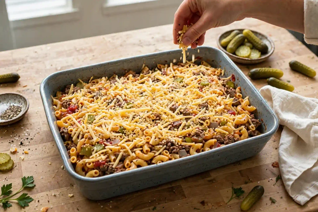 Cheeseburger Casserole 3 cheeseburger casserole topping cheese step