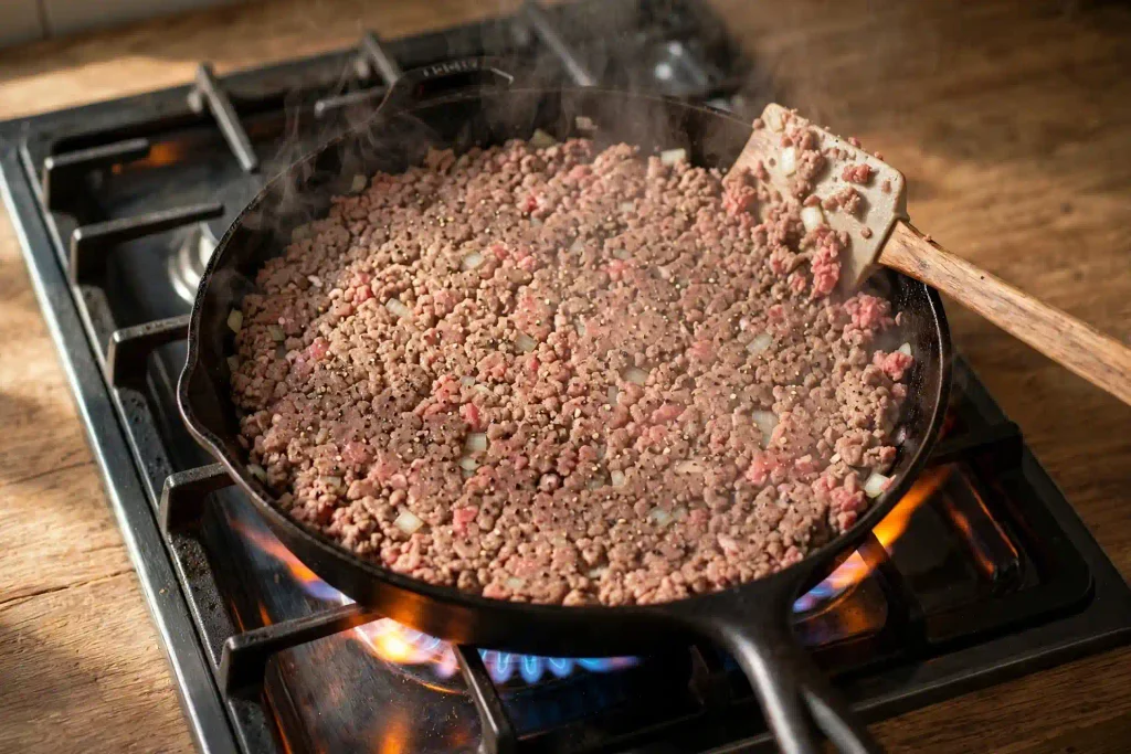 Cheeseburger Sliders 3 Seasoned ground beef pressed into an even layer in a skillet for cheeseburger sliders