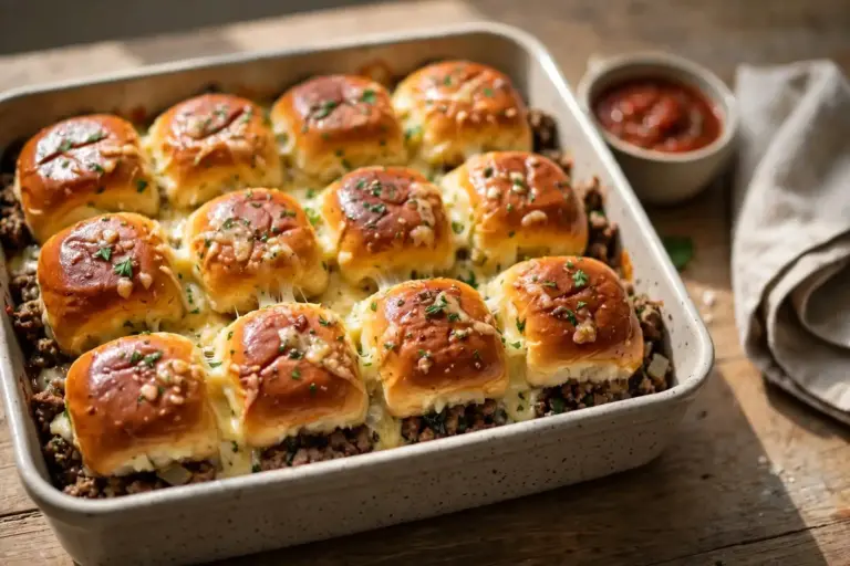 Cheeseburger sliders in a baking dish with golden buttery garlic tops and melted cheese peeking out the sides