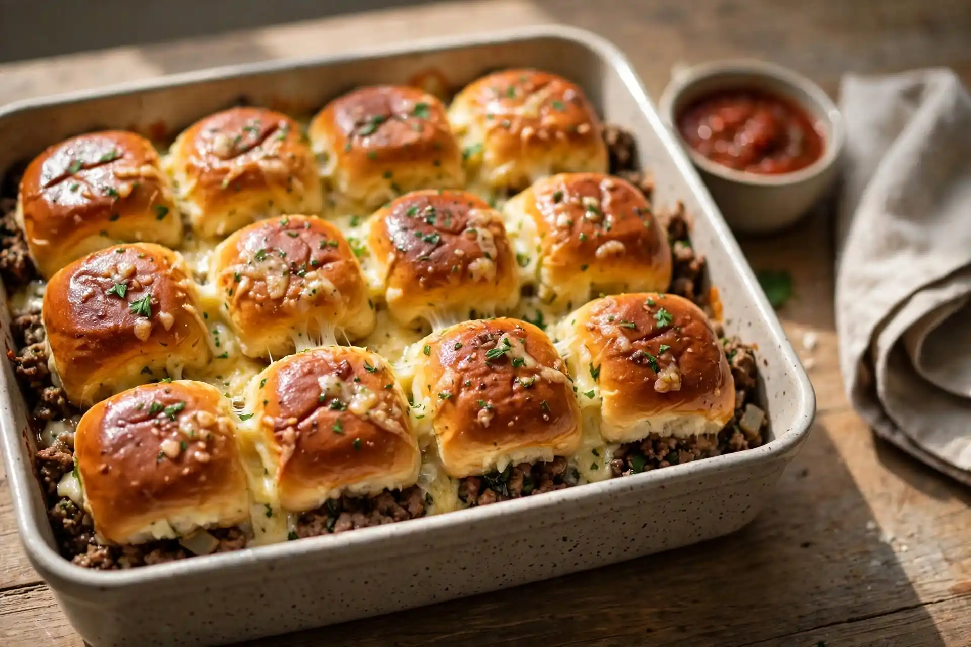 Cheeseburger Sliders 5 Cheeseburger sliders in a baking dish with golden buttery garlic tops and melted cheese peeking out the sides