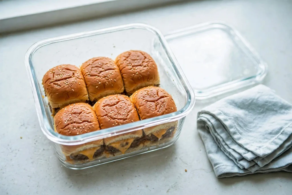 Cheeseburger Sliders 4 Leftover cheeseburger sliders stacked in a glass storage container with a lid