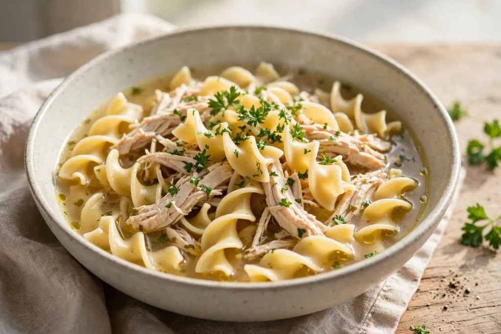 Chicken and Noodles 4 bowl of chicken and noodles garnished with fresh parsley, ready to serve
