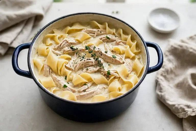 Chicken and Noodles 2 pot of chicken and noodles with shredded chicken and wide egg noodles, overhead shot