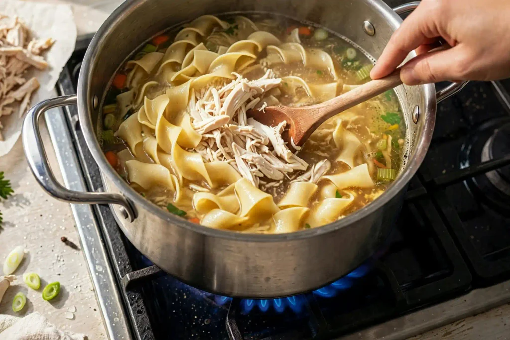 Chicken and Noodles 3 stirring shredded chicken into broth and egg noodles on the stovetop