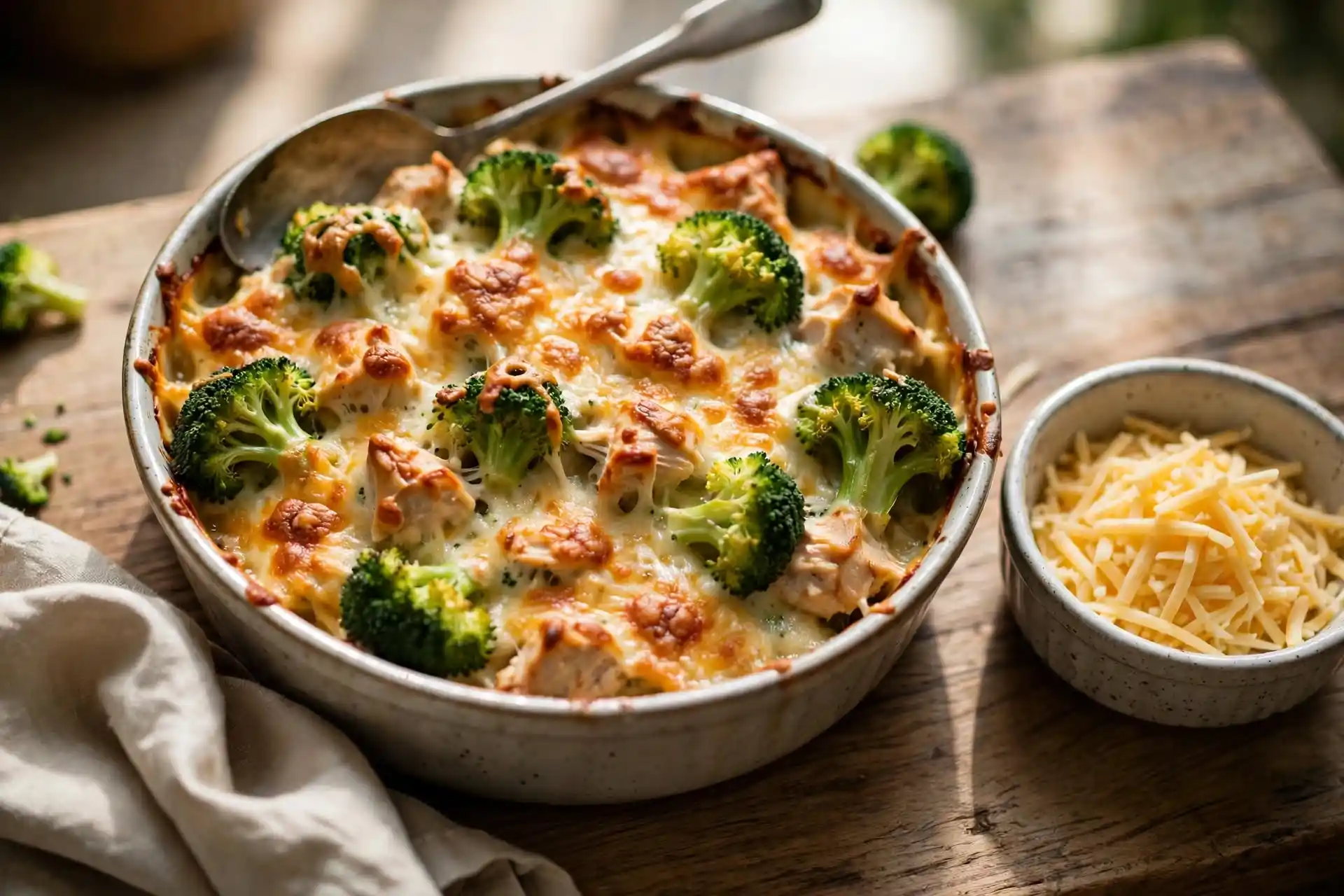 Chicken Broccoli Casserole 5 Baked chicken broccoli casserole with golden melted cheese topping and visible broccoli florets in a ceramic dish
