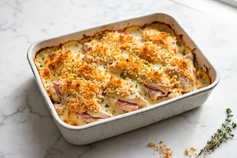 Chicken Cordon Bleu Casserole 6 chicken cordon bleu casserole with golden panko topping in a baking dish, overhead shot