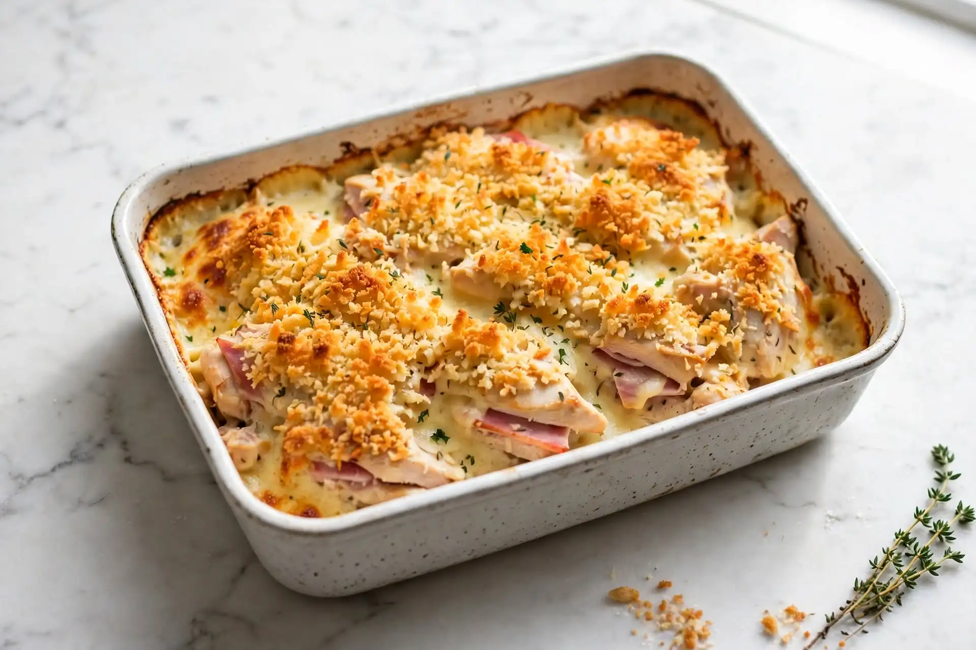 chicken cordon bleu casserole with golden panko topping in a baking dish, overhead shot