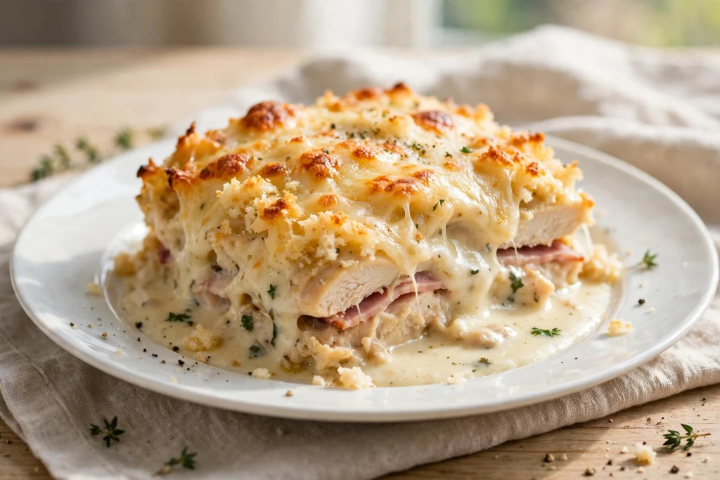 plated serving of chicken cordon bleu casserole showing layered cheese and sauce