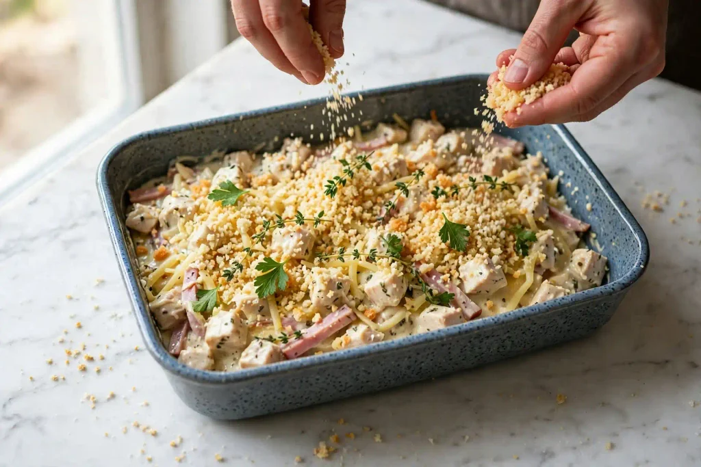 chicken cordon bleu casserole topping panko step