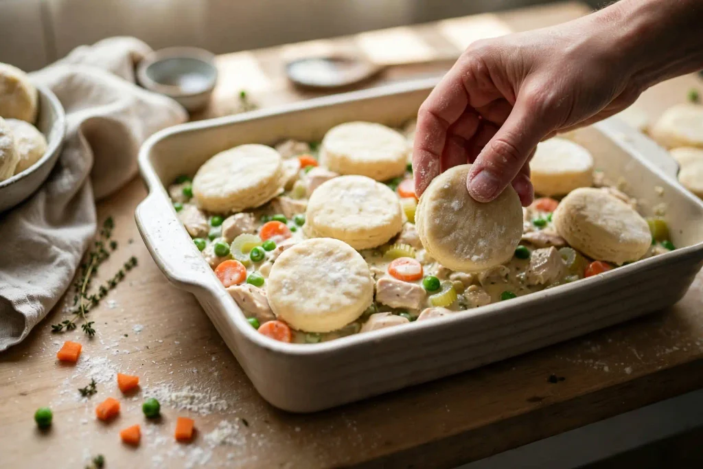 Chicken Pot Pie Casserole 3 Biscuit dough arranged over thickened chicken and vegetable filling before baking