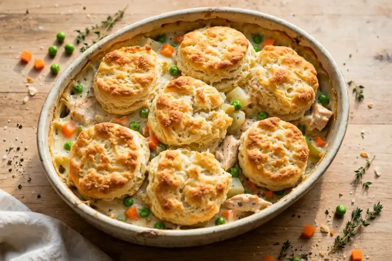 Chicken Pot Pie Casserole 3 Chicken pot pie casserole with golden biscuit topping and visible vegetable filling