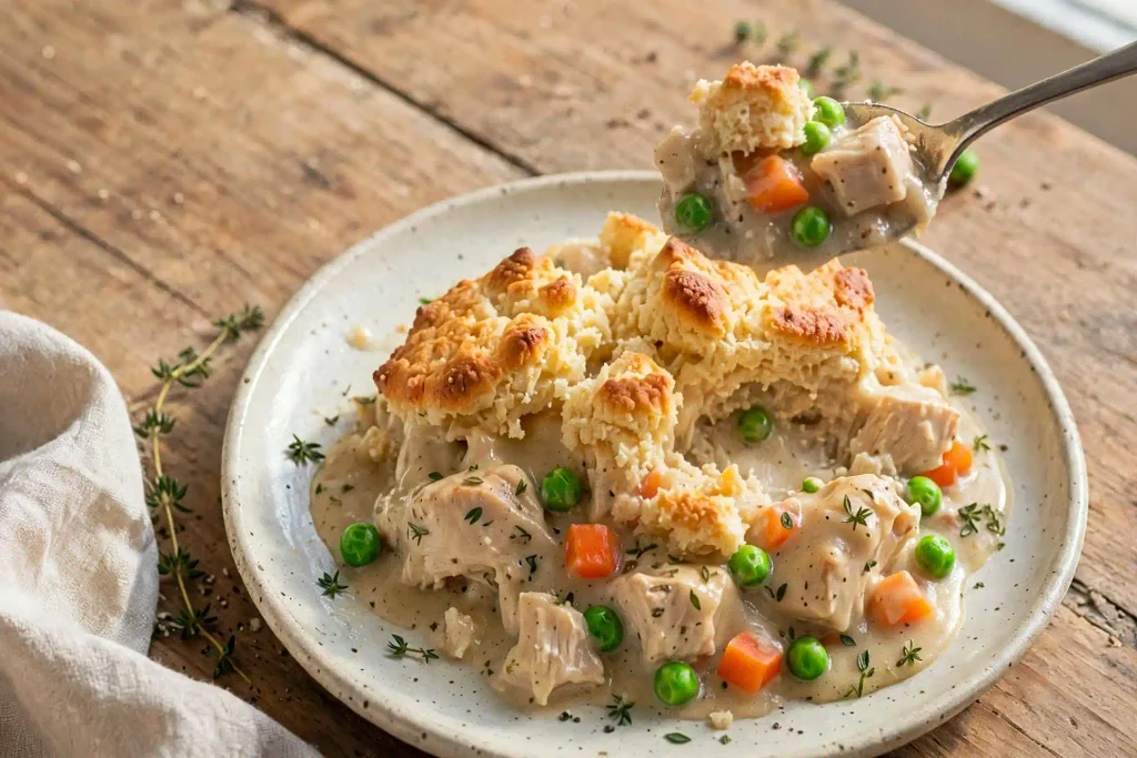 Chicken Pot Pie Casserole 4 Chicken pot pie casserole portioned onto a plate with biscuit topping and gravy