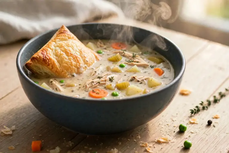 Bowl of creamy chicken pot pie soup topped with a golden puff pastry square, photographed from above for a cold weeknight dinner.