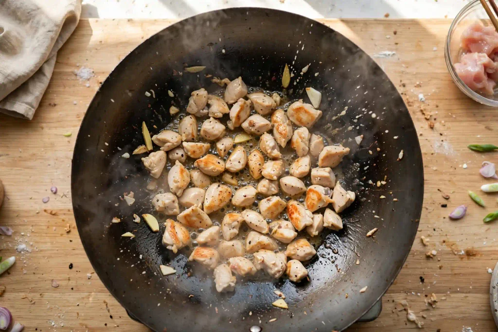 Chicken Stir Fry 3 Chicken searing in a hot wok in a single layer for chicken stir fry