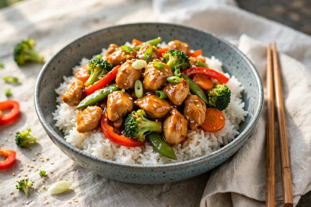 Chicken Stir Fry 4 Chicken stir fry served over rice in a bowl with chopsticks on the side