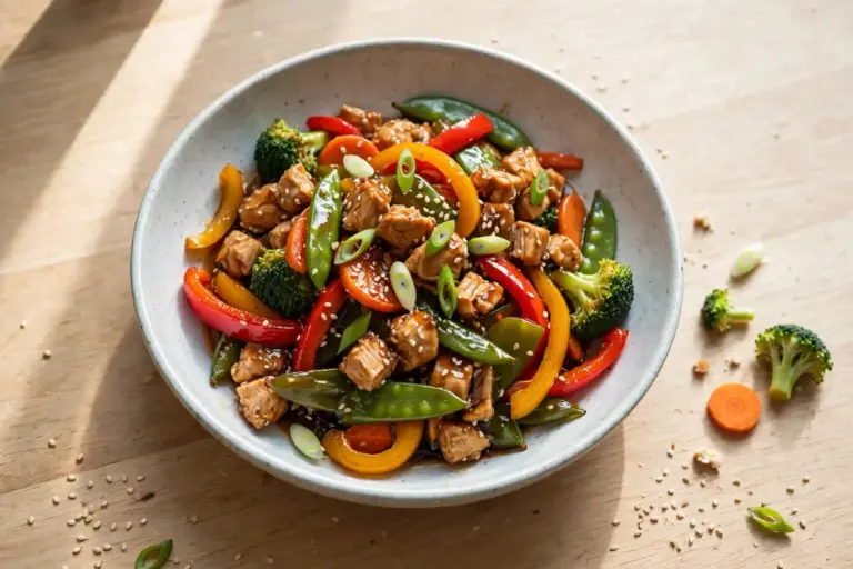 Chicken stir fry with colorful vegetables in a glossy sauce, sesame seed garnish