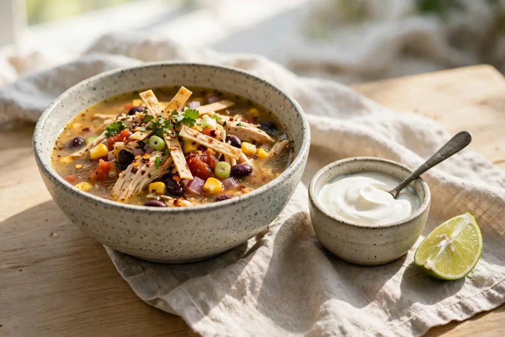 Chicken Taco Soup 4 bowl of chicken taco soup served with lime wedge and sour cream