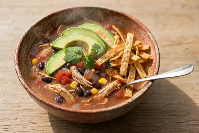 Chicken Taco Soup 7 bowl of chicken taco soup topped with avocado, cilantro, and tortilla strips, overhead shot
