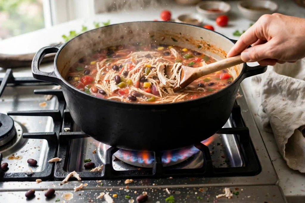 Chicken Taco Soup 3 stirring shredded chicken into chicken taco soup with beans and tomatoes